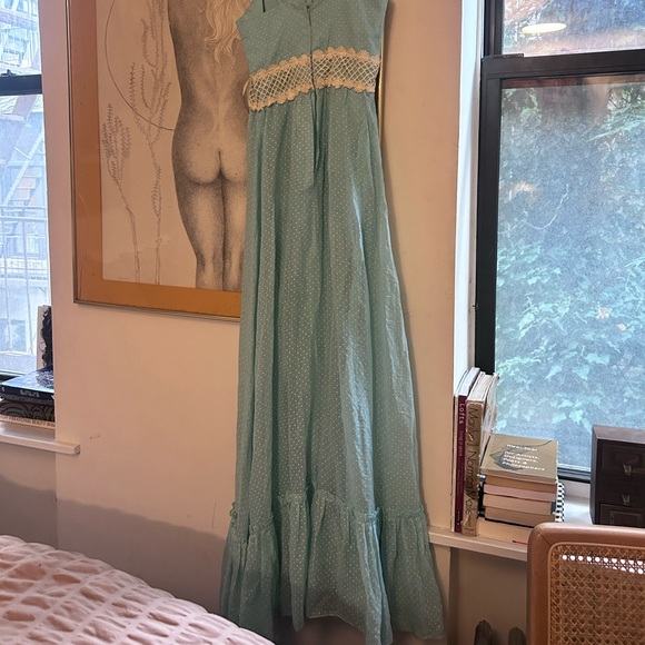 vintage light blue lace polka dot maxi dress daisy lace empire waist - Picture 6 of 13